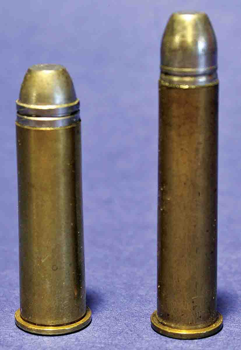 The .50-70 case (left) holds just about the same amount of black powder as its replacement, the .45-70 (right).